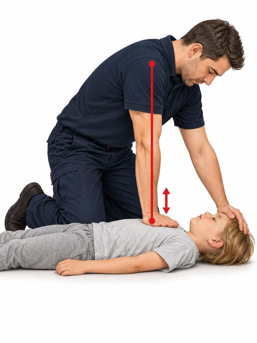 Helfer kniet neben Kind (ca. 5 Jahre), ein Handballen auf der Brustmitte, Arm gestreckt, Schulter senkrecht darüber.