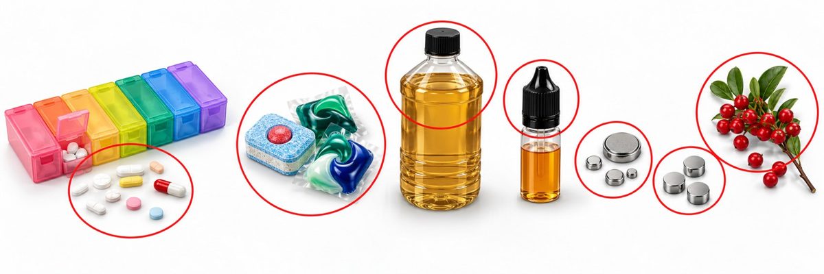 Gefahren im Haushalt als Flatlay: Tablettenbox, Geschirrspültabs und Waschmittel-Kapseln, Lampenöl, E-Zigaretten-Liquid, Knopfbatterien und Magnete, Beeren.