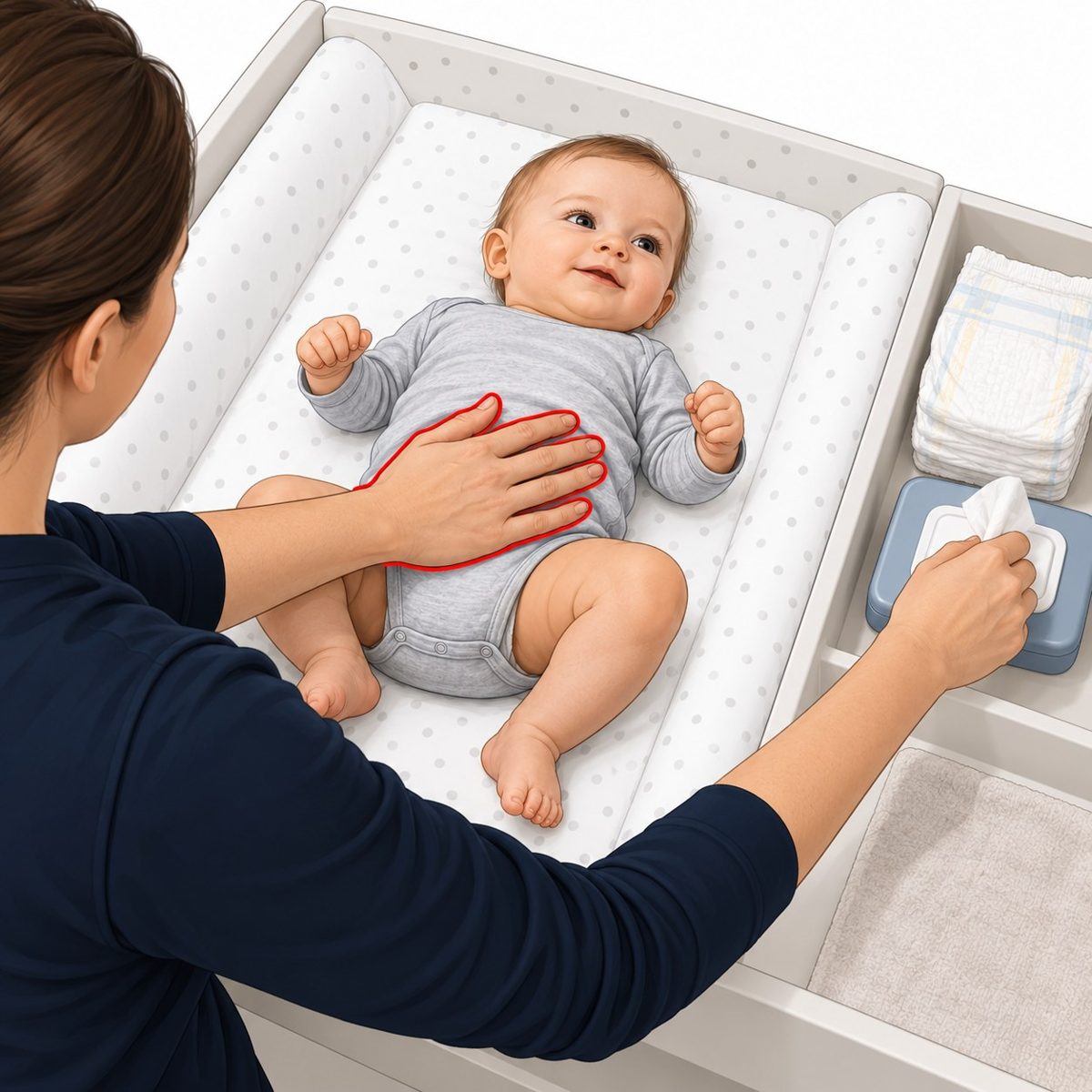 Wickeltisch: Eine Hand liegt immer am Baby, alles Nötige ist in Griffweite bereitgelegt.
