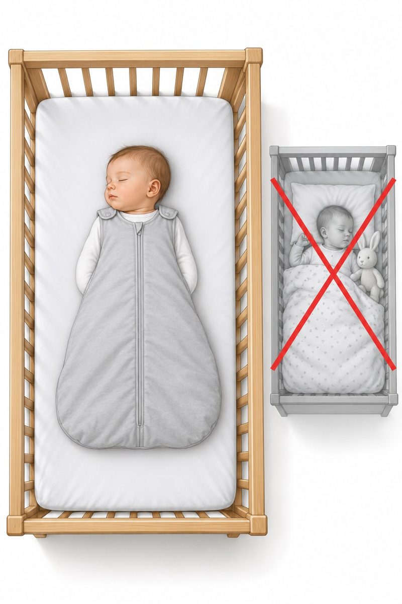 Sicherer Babyschlaf: Baby in Rückenlage im Schlafsack, festes Gitterbett ohne Polster, Decke und Kuscheltiere.