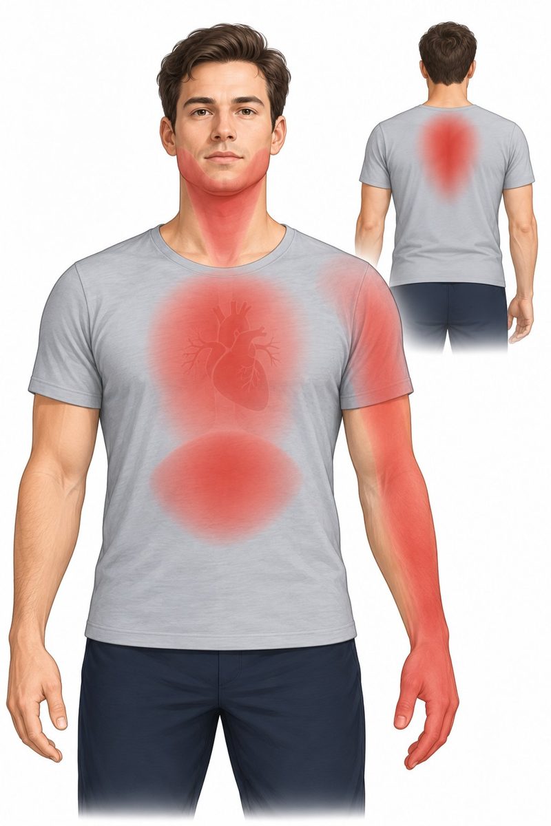 Lehrgrafik: Oberkörper-Umriss von vorne, Herz angedeutet; rote Flächen zeigen, wohin der Schmerz ausstrahlen kann – Brustmitte, linker Arm, Hals und Kiefer, Oberbauch, zwischen den Schulterblättern.