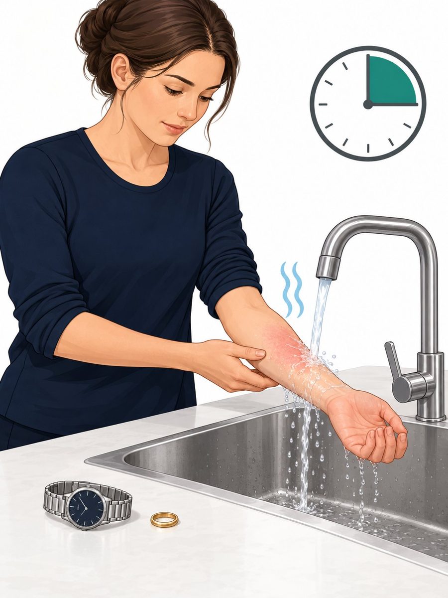 Verbrennung kühlen: Unterarm unter einem sanften Wasserstrahl, Wellenlinien für handwarmes Wasser, eine Uhr daneben zeigt 10 Minuten; Ring und Armbanduhr liegen abgenommen daneben.