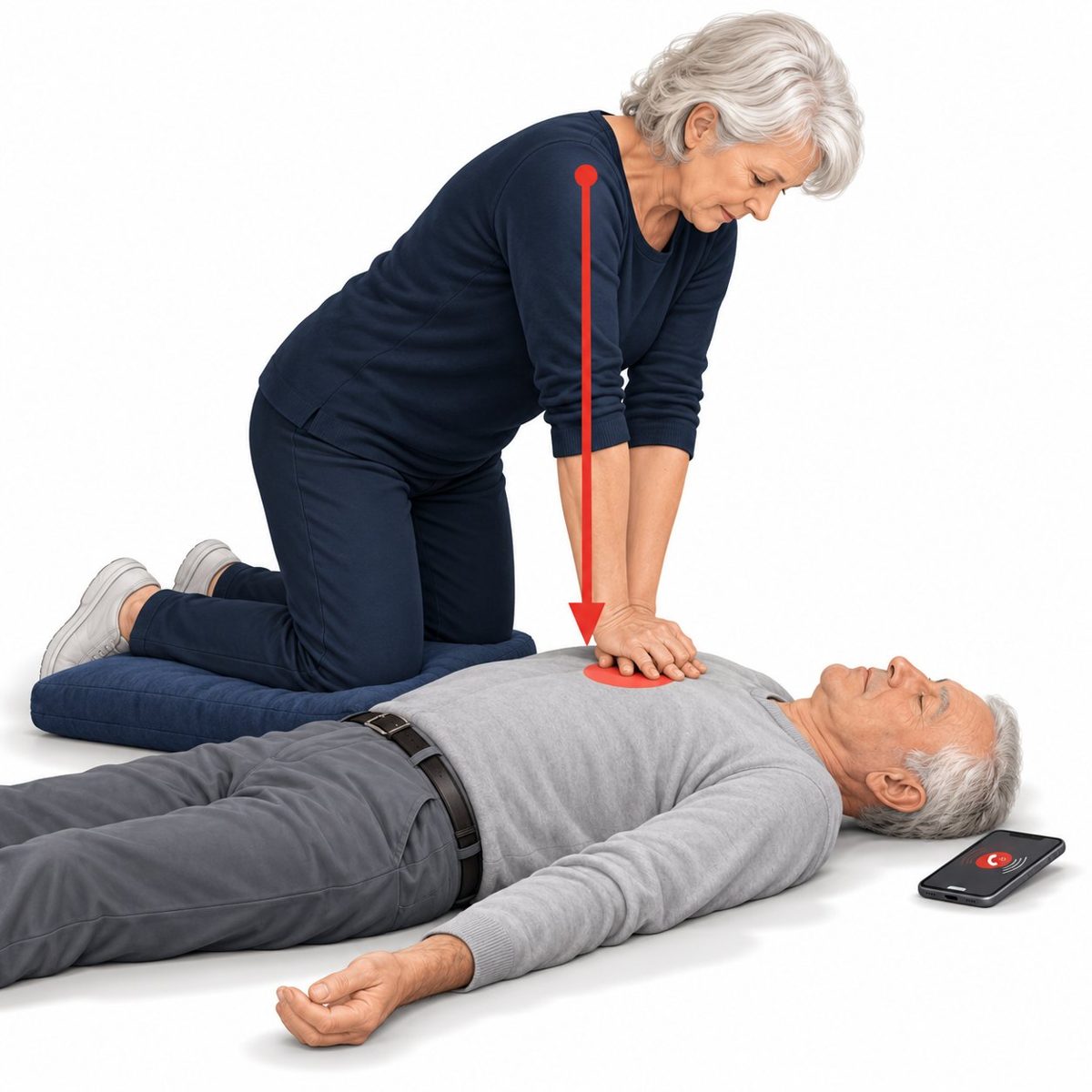 Herzdruckmassage auf einem Kissen kniend, Arme gestreckt, Handy auf Lautsprecher.