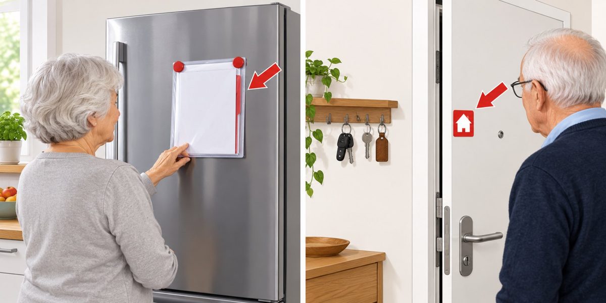 Kühlschranktür mit Mappe am Magnet – Hinweis-Aufkleber an der Wohnungstür.