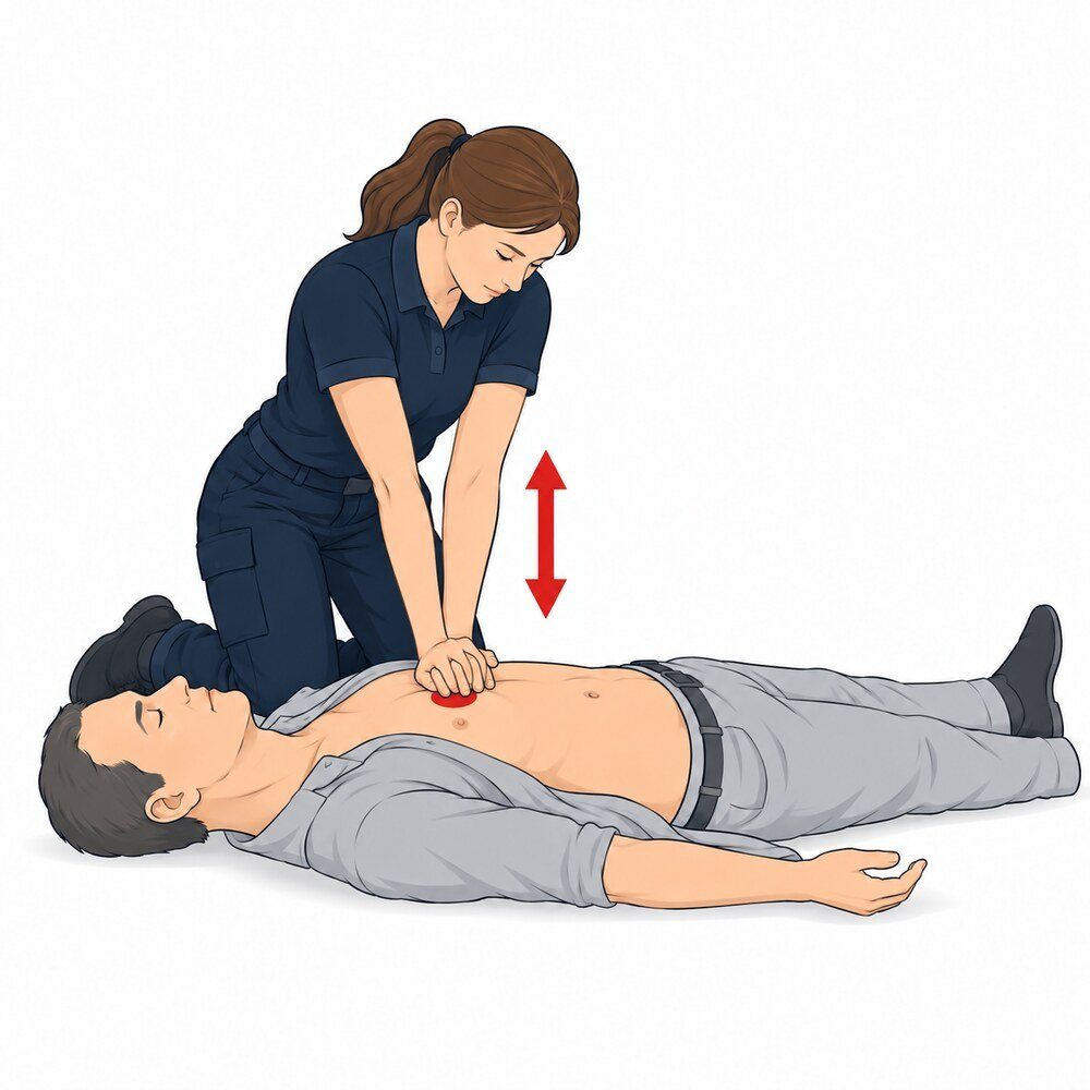 Haltung bei der Herzdruckmassage – Arme gestreckt, Schultern senkrecht über der Brustmitte, Handballen auf der Mitte der Brust.
